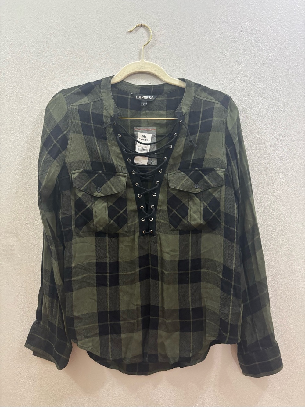 Express Olive and Black Plaid Lace-Up Button Front Shirt